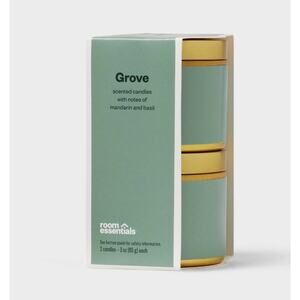 Room Essentials 2pk 3oz Tin Gift Set Grove Scented Soy Wax Blend Jar Candles New